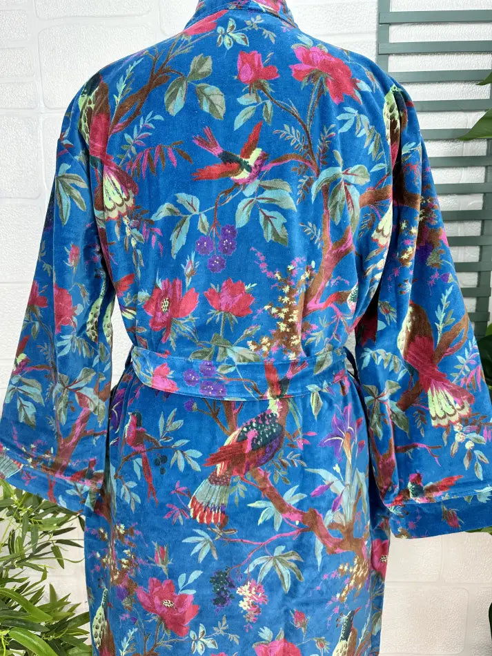 Luxury Velvet House Robe Unisex Kimono Jacket Reversible Silk Lined Autumn Winter Gift Elegant Floral Blue Malibu Bluish Valentine Love