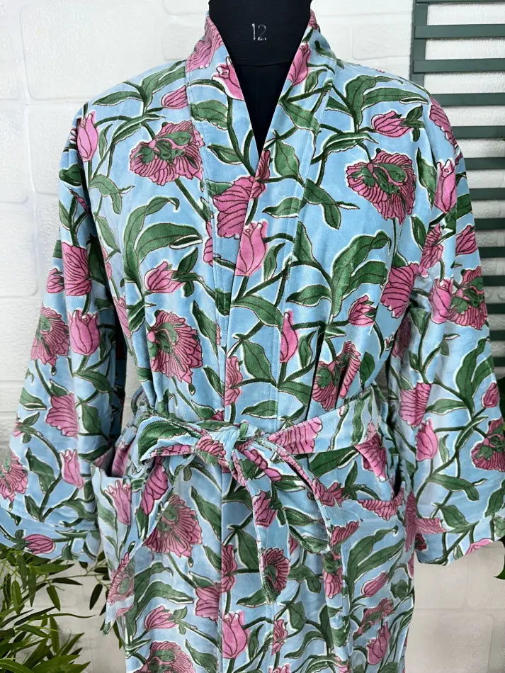 Luxury Velvet House Robe Unisex Kimono Jacket Reversible Silk Lined Autumn Winter Gift Elegant Floral Blue Malibu Bluish Valentine Love
