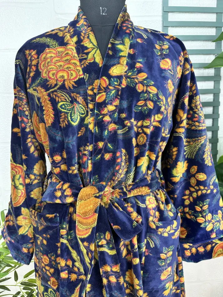 Luxury Velvet House Robe Unisex Kimono Jacket Reversible Silk Lined Autumn Winter Gift Elegant Floral Blue Malibu Bluish Valentine Love