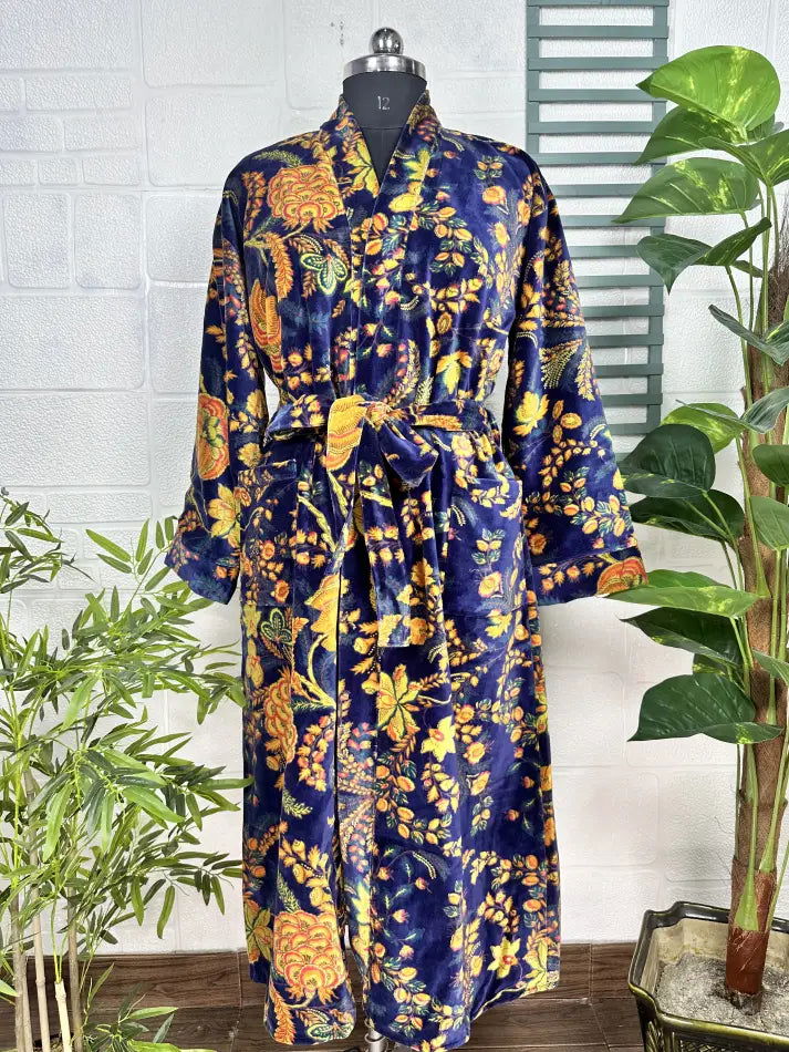 Luxury Velvet House Robe Unisex Kimono Jacket Reversible Silk Lined Autumn Winter Gift Elegant Floral Blue Malibu Bluish Valentine Love