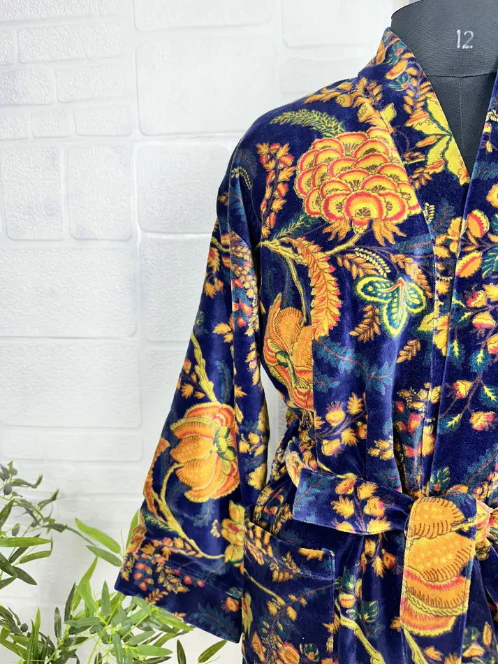 Luxury Velvet House Robe Unisex Kimono Jacket Reversible Silk Lined Autumn Winter Gift Elegant Floral Blue Malibu Bluish Valentine Love