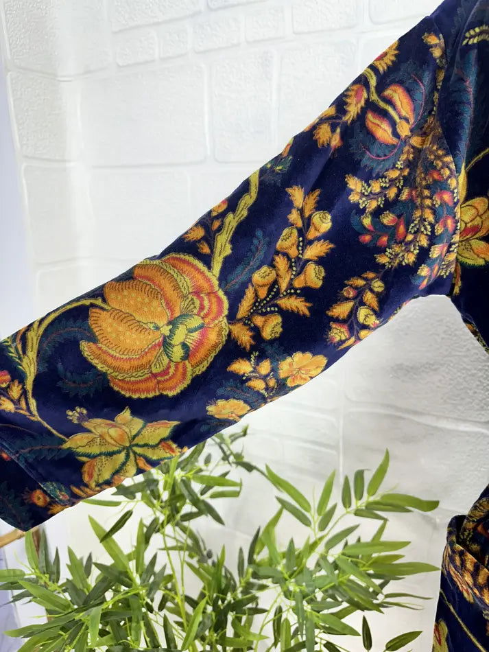 Luxury Velvet House Robe Unisex Kimono Jacket Reversible Silk Lined Autumn Winter Gift Elegant Floral Blue Malibu Bluish Valentine Love