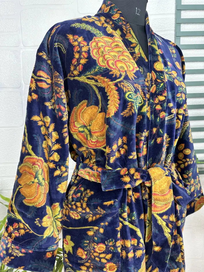 Luxury Velvet House Robe Unisex Kimono Jacket Reversible Silk Lined Autumn Winter Gift Elegant Floral Blue Malibu Bluish Valentine Love
