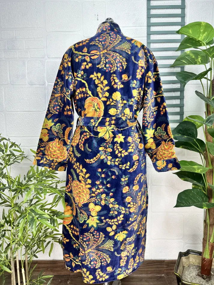 Luxury Velvet House Robe Unisex Kimono Jacket Reversible Silk Lined Autumn Winter Gift Elegant Floral Blue Malibu Bluish Valentine Love