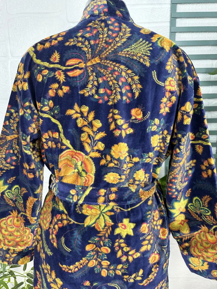 Luxury Velvet House Robe Unisex Kimono Jacket Reversible Silk Lined Autumn Winter Gift Elegant Floral Blue Malibu Bluish Valentine Love