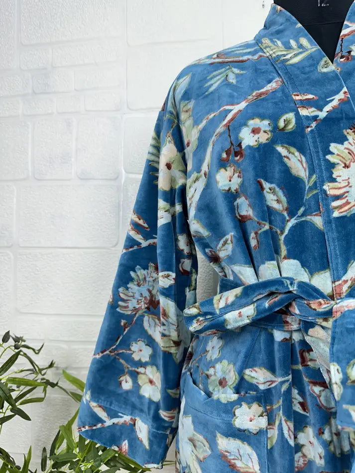 Luxury Velvet House Robe Unisex Kimono Jacket Reversible Silk Lined Autumn Winter Gift Elegant Floral Blue Malibu Bluish Valentine Love