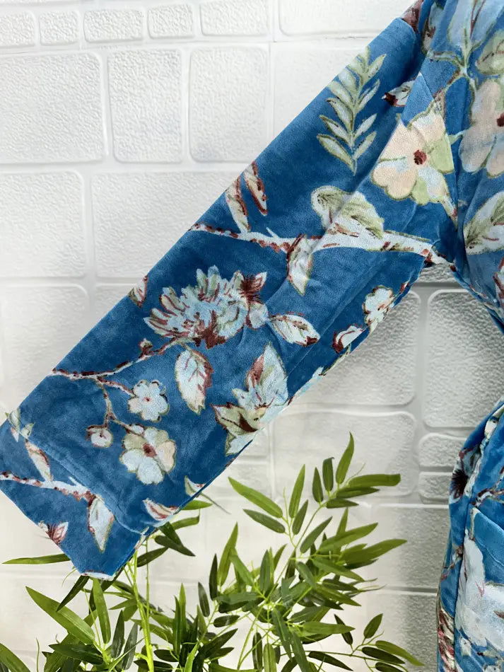 Luxury Velvet House Robe Unisex Kimono Jacket Reversible Silk Lined Autumn Winter Gift Elegant Floral Blue Malibu Bluish Valentine Love
