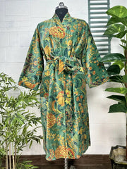 Luxury Velvet House Robe Unisex Kimono Jacket Reversible Silk Lined Autumn Winter Gift Elegant Floral Green Malibu Bluish Valentine Love