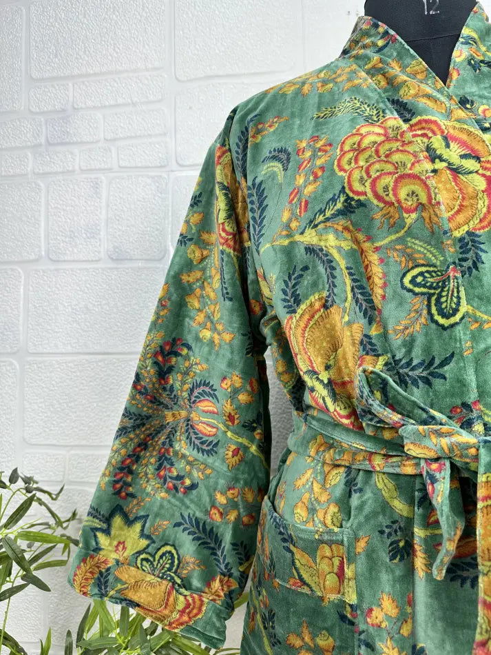 Luxury Velvet House Robe Unisex Kimono Jacket Reversible Silk Lined Autumn Winter Gift Elegant Floral Green Malibu Bluish Valentine Love