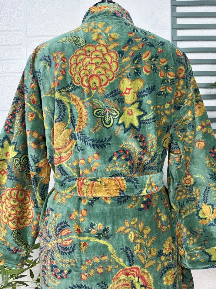 Luxury Velvet House Robe Unisex Kimono Jacket Reversible Silk Lined Autumn Winter Gift Elegant Floral Green Malibu Bluish Valentine Love