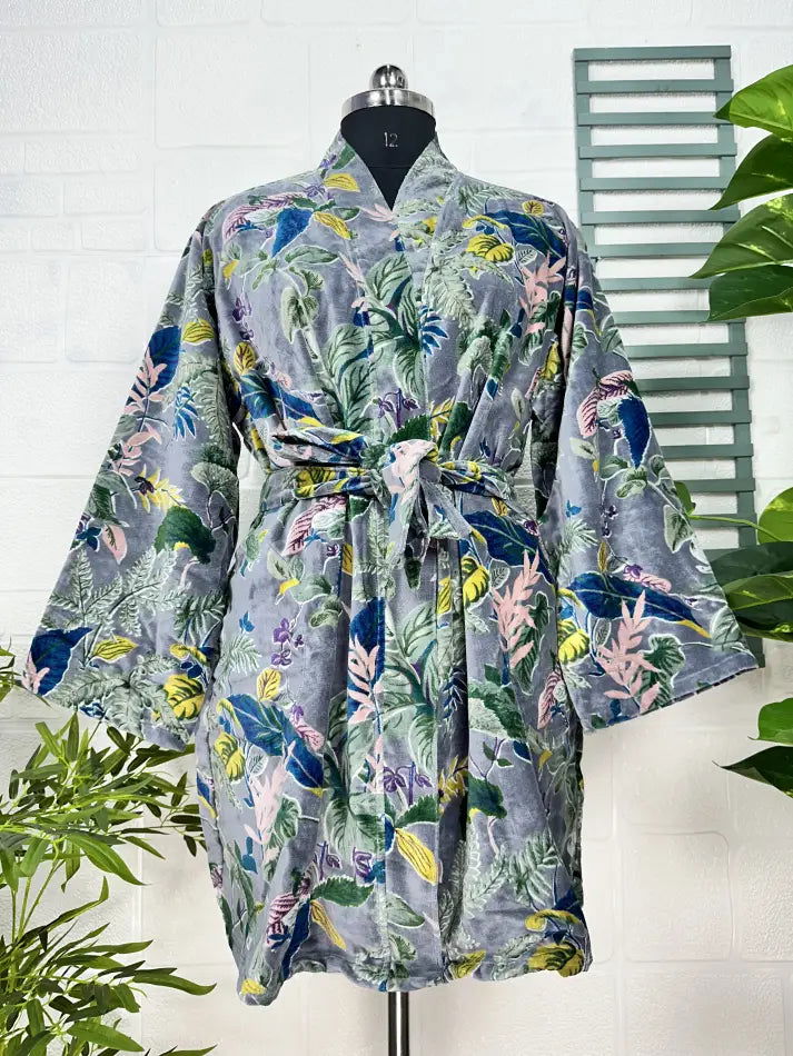 Luxury Velvet House Robe Unisex Kimono Jacket Reversible Silk Lined Autumn Winter Gift Elegant Floral Grey Malibu Bluish Valentine Love