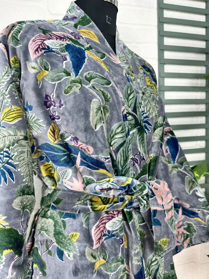 Luxury Velvet House Robe Unisex Kimono Jacket Reversible Silk Lined Autumn Winter Gift Elegant Floral Grey Malibu Bluish Valentine Love