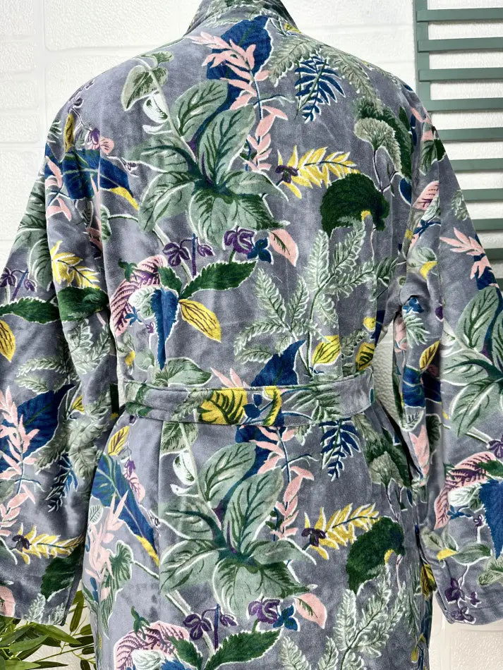 Luxury Velvet House Robe Unisex Kimono Jacket Reversible Silk Lined Autumn Winter Gift Elegant Floral Grey Malibu Bluish Valentine Love