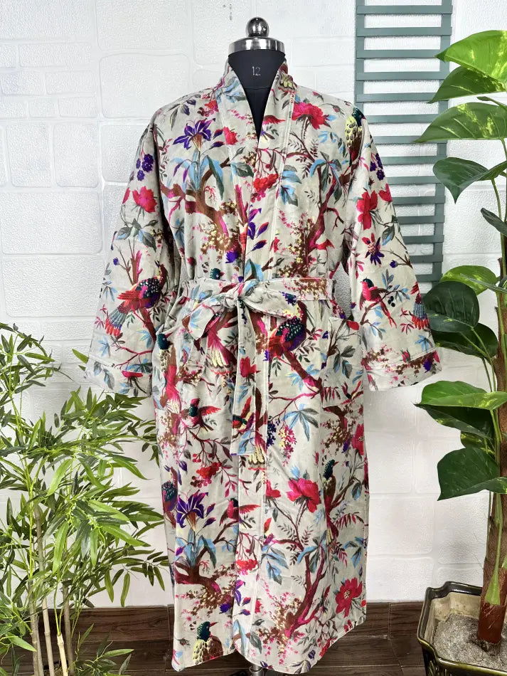 Luxury Velvet House Robe Unisex Kimono Jacket Reversible Cotton Lined Autumn Winter Gift Elegant Floral Grey Malibu Bluish Valentine Love