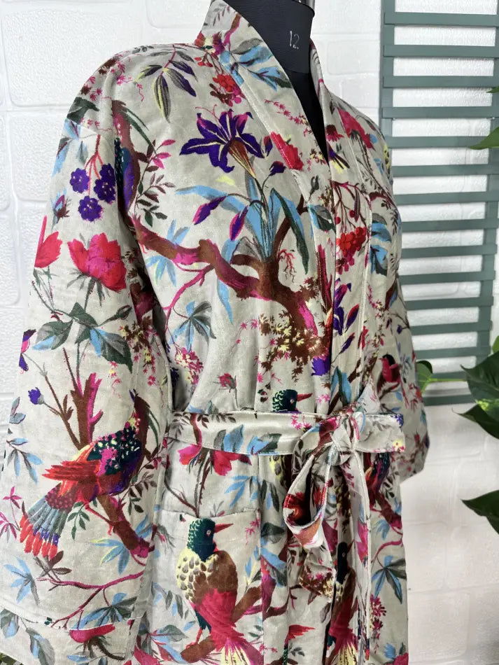 Luxury Velvet House Robe Unisex Kimono Jacket Reversible Cotton Lined Autumn Winter Gift Elegant Floral Grey Malibu Bluish Valentine Love