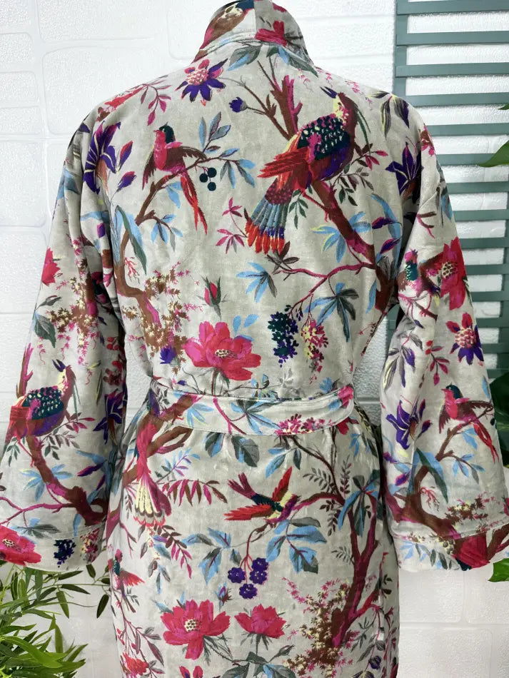Luxury Velvet House Robe Unisex Kimono Jacket Reversible Cotton Lined Autumn Winter Gift Elegant Floral Grey Malibu Bluish Valentine Love