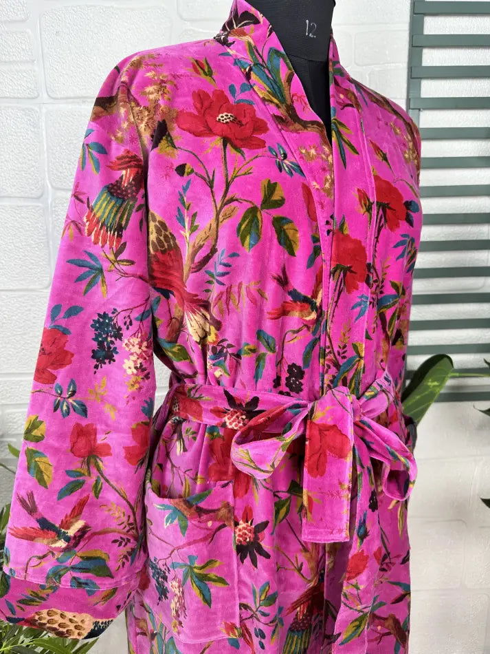 Luxury Velvet House Robe Unisex Kimono Jacket Reversible Silk Lined Autumn Winter Gift Elegant Floral Pink Malibu Bluish Valentine Love