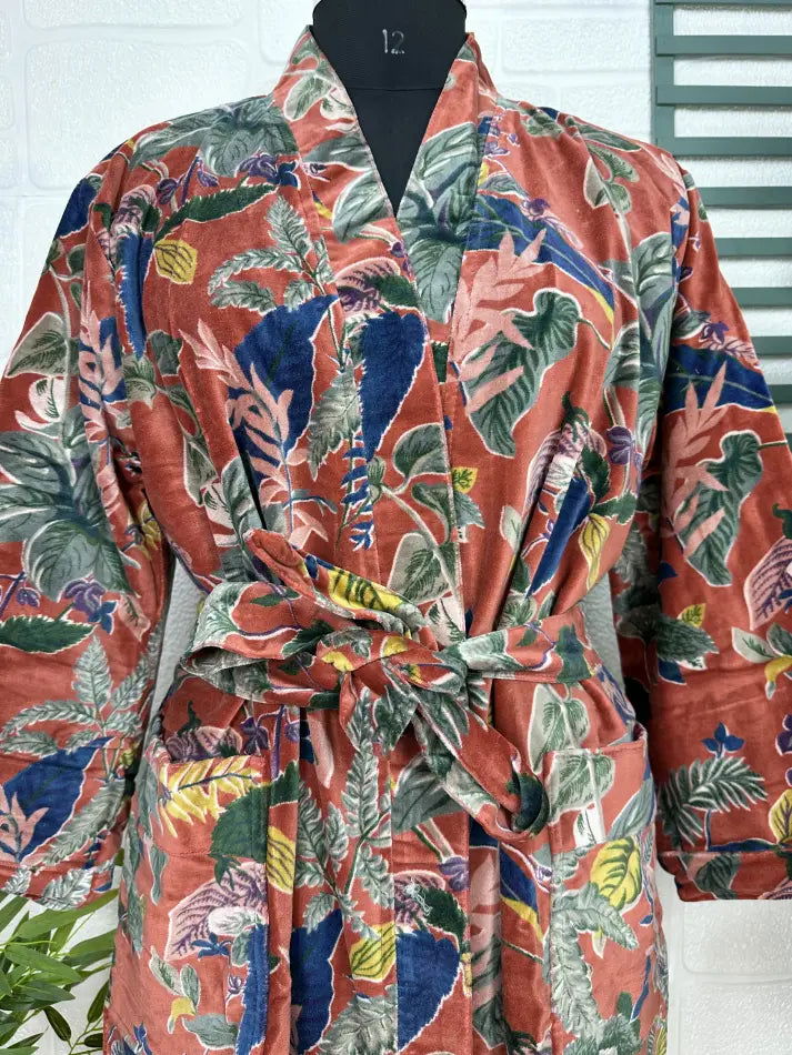 Luxury Velvet House Robe Unisex Kimono Jacket Reversible Silk Lined Autumn Winter Gift Elegant Floral Red Malibu Bluish Valentine Love