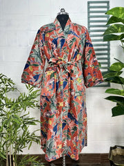 Luxury Velvet House Robe Unisex Kimono Jacket Reversible Silk Lined Autumn Winter Gift Elegant Floral Red Malibu Bluish Valentine Love