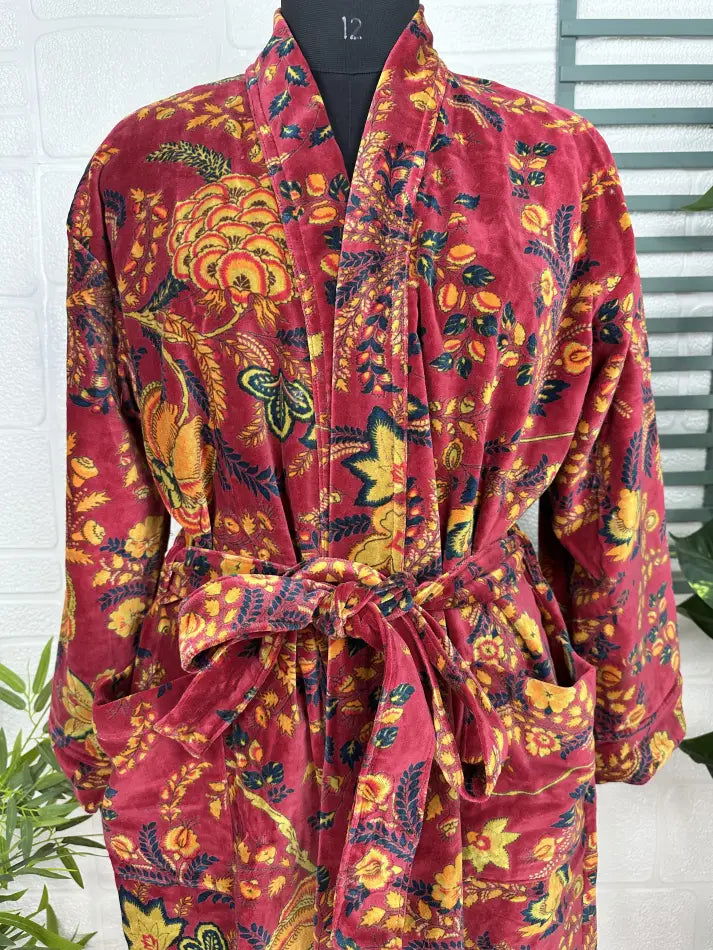 Luxury Velvet House Robe Unisex Kimono Jacket Reversible Silk Lined Autumn Winter Gift Elegant Floral Red Malibu Bluish Valentine Love