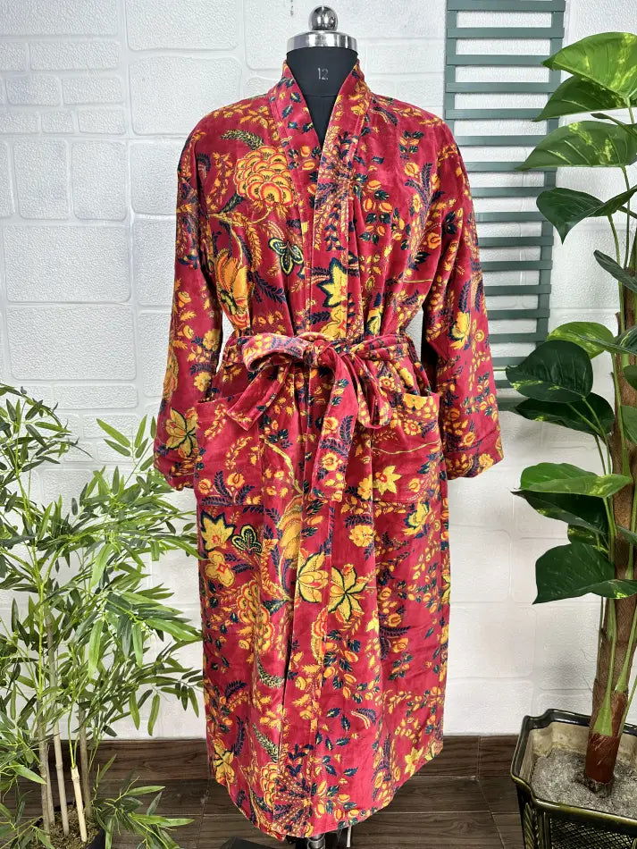 Luxury Velvet House Robe Unisex Kimono Jacket Reversible Silk Lined Autumn Winter Gift Elegant Floral Red Malibu Bluish Valentine Love