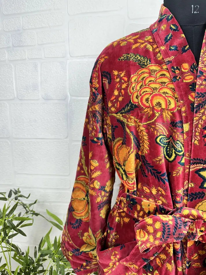 Luxury Velvet House Robe Unisex Kimono Jacket Reversible Silk Lined Autumn Winter Gift Elegant Floral Red Malibu Bluish Valentine Love