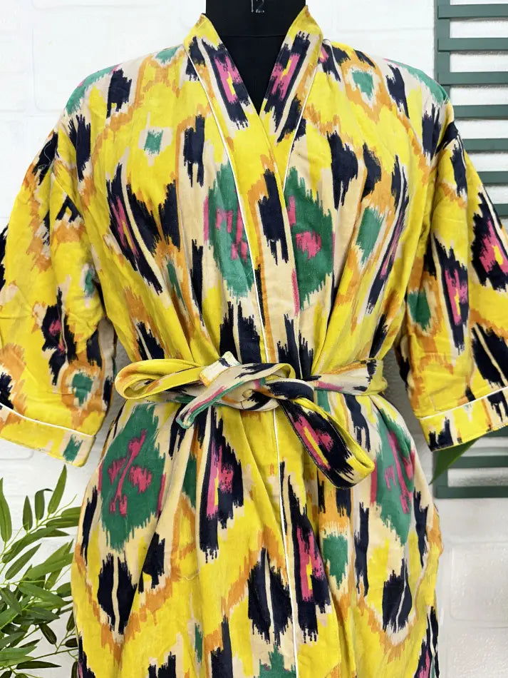 Luxury Velvet House Robe Unisex Kimono Jacket Reversible Silk Lined Autumn Winter Gift Elegant Ikat Yellow Malibu Bluish Valentine Love