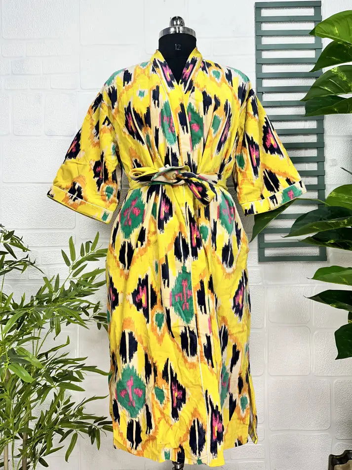 Luxury Velvet House Robe Unisex Kimono Jacket Reversible Silk Lined Autumn Winter Gift Elegant Ikat Yellow Malibu Bluish Valentine Love