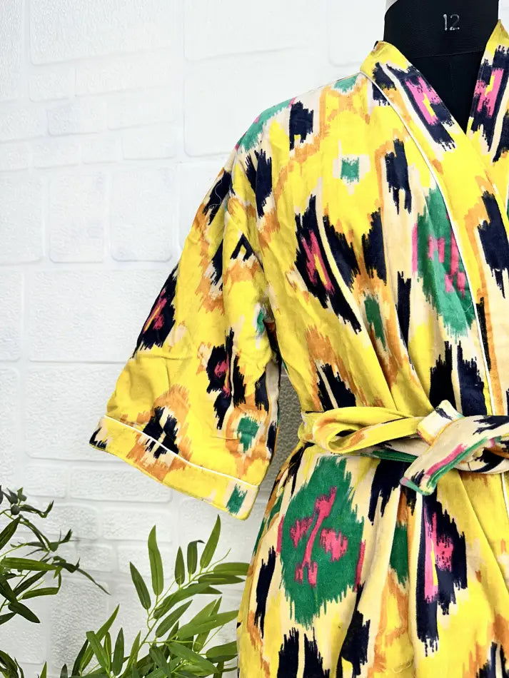 Luxury Velvet House Robe Unisex Kimono Jacket Reversible Silk Lined Autumn Winter Gift Elegant Ikat Yellow Malibu Bluish Valentine Love