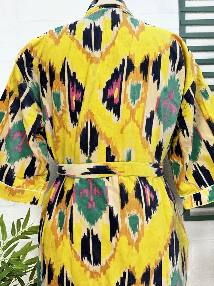 Luxury Velvet House Robe Unisex Kimono Jacket Reversible Silk Lined Autumn Winter Gift Elegant Ikat Yellow Malibu Bluish Valentine Love