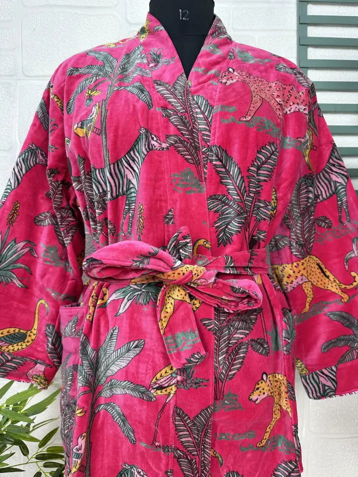 Luxury Velvet House Robe Unisex Kimono Jacket Reversible Silk Lined Autumn Winter Gift Elegant Jungle Pink Malibu Bluish Valentine Love