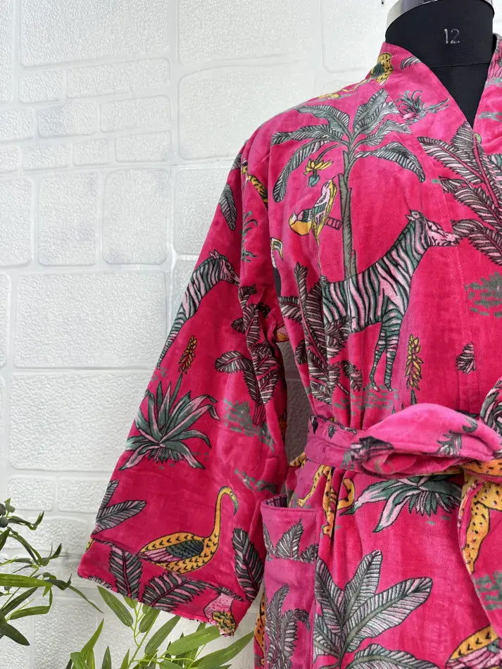 Luxury Velvet House Robe Unisex Kimono Jacket Reversible Silk Lined Autumn Winter Gift Elegant Jungle Pink Malibu Bluish Valentine Love