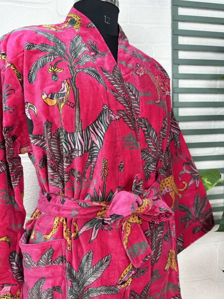 Luxury Velvet House Robe Unisex Kimono Jacket Reversible Silk Lined Autumn Winter Gift Elegant Jungle Pink Malibu Bluish Valentine Love