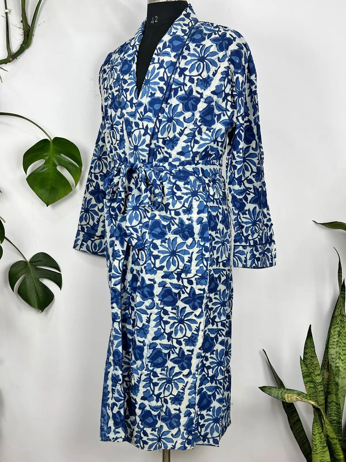 Men Pure Cotton Robe Kimono Funky Summer House Wear Handblock Printed Elegant Beach Coverup, Smoking Lounge Wear | White Blue Indigo Floral