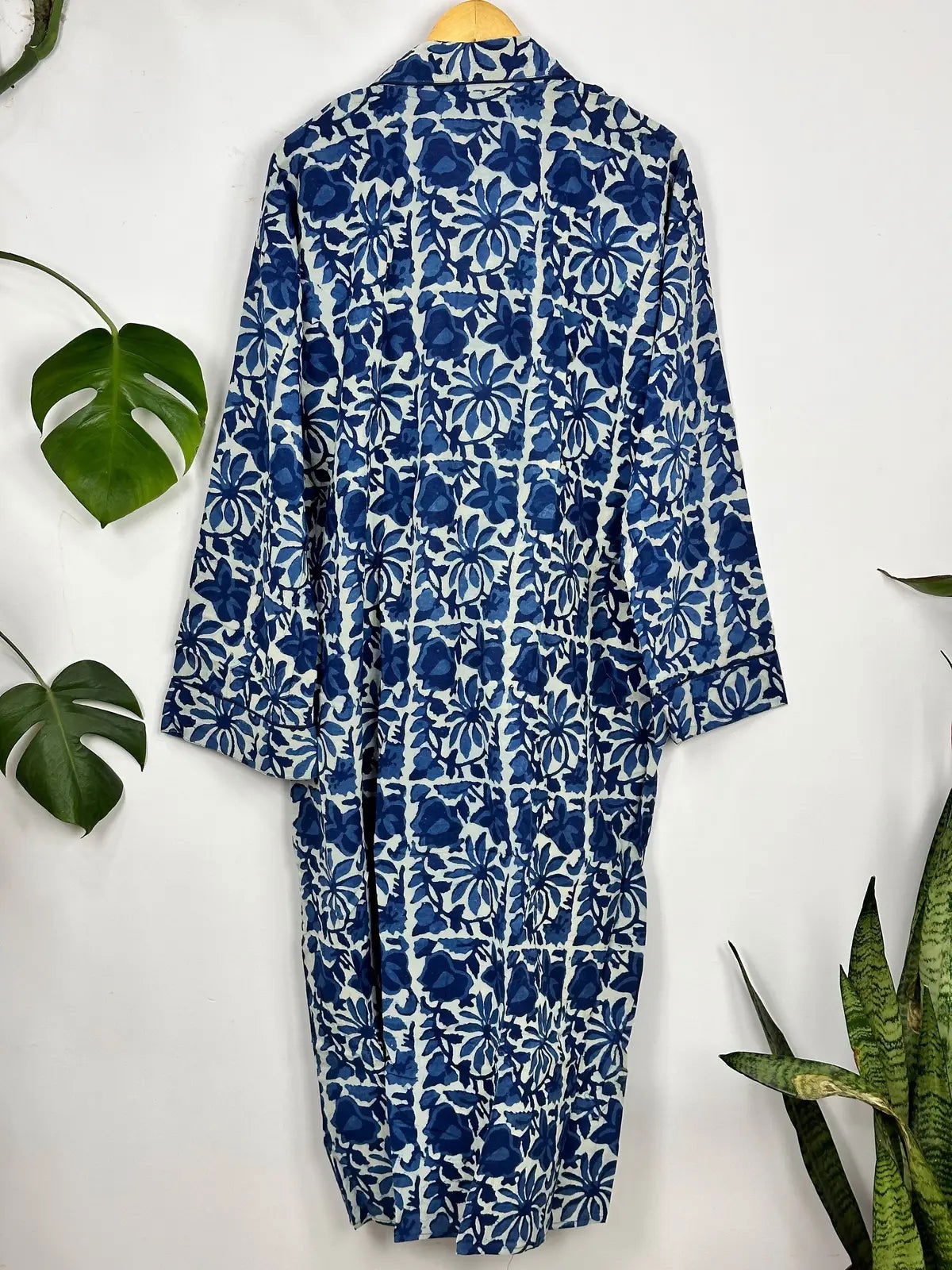 Men Pure Cotton Robe Kimono Funky Summer House Wear Handblock Printed Elegant Beach Coverup, Smoking Lounge Wear | White Blue Indigo Floral