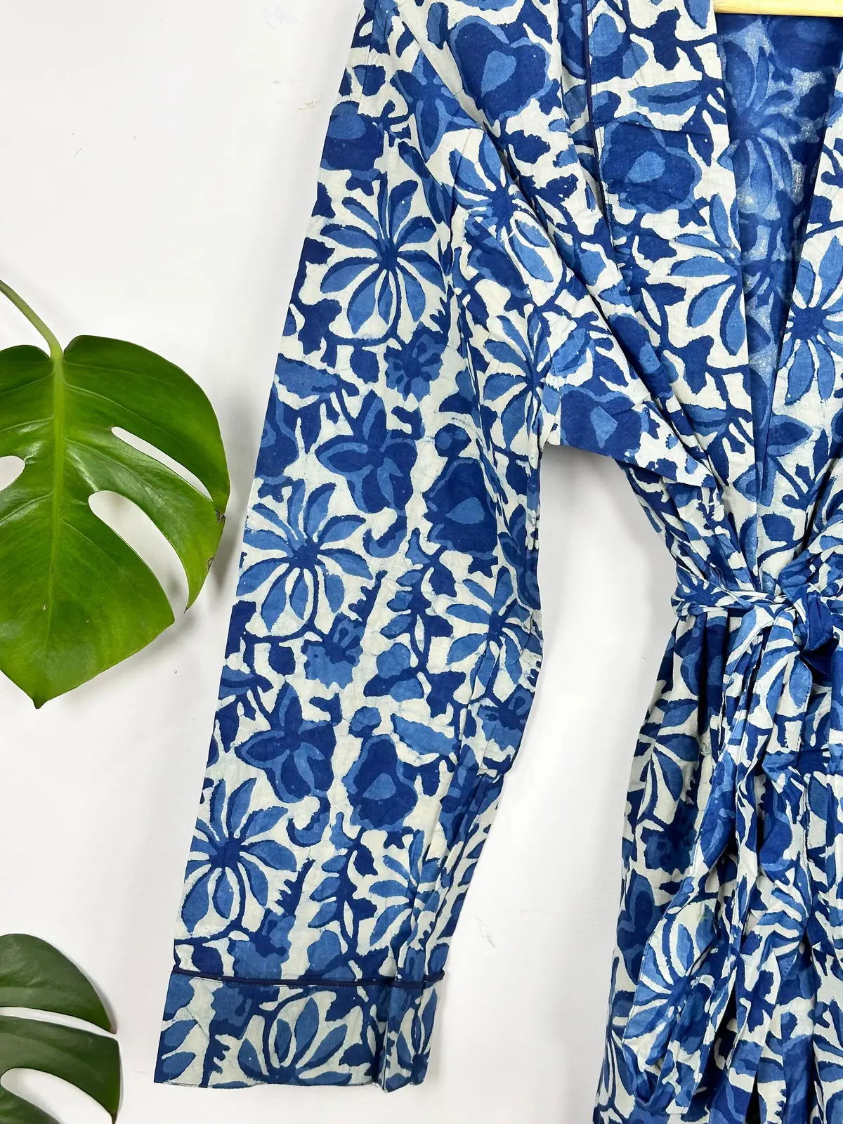 Men Pure Cotton Robe Kimono Funky Summer House Wear Handblock Printed Elegant Beach Coverup, Smoking Lounge Wear | White Blue Indigo Floral