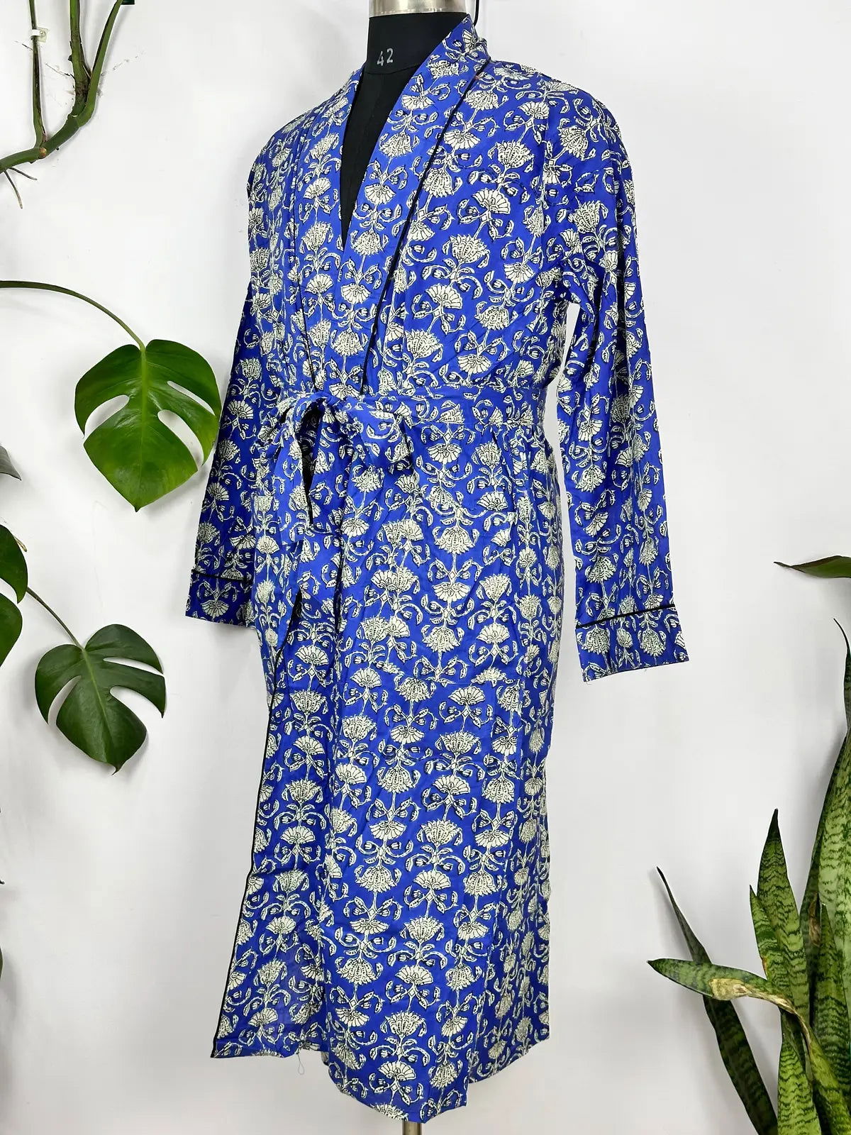 Men Pure Cotton Robe Kimono Funky Summer House Wear Handblock Printed Floral Beach Coverup, Casual Smoking Lounge Wear | Blue White Lotus