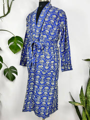 Men Pure Cotton Robe Kimono Funky Summer House Wear Handblock Printed Floral Beach Coverup, Casual Smoking Lounge Wear | Blue White Lotus