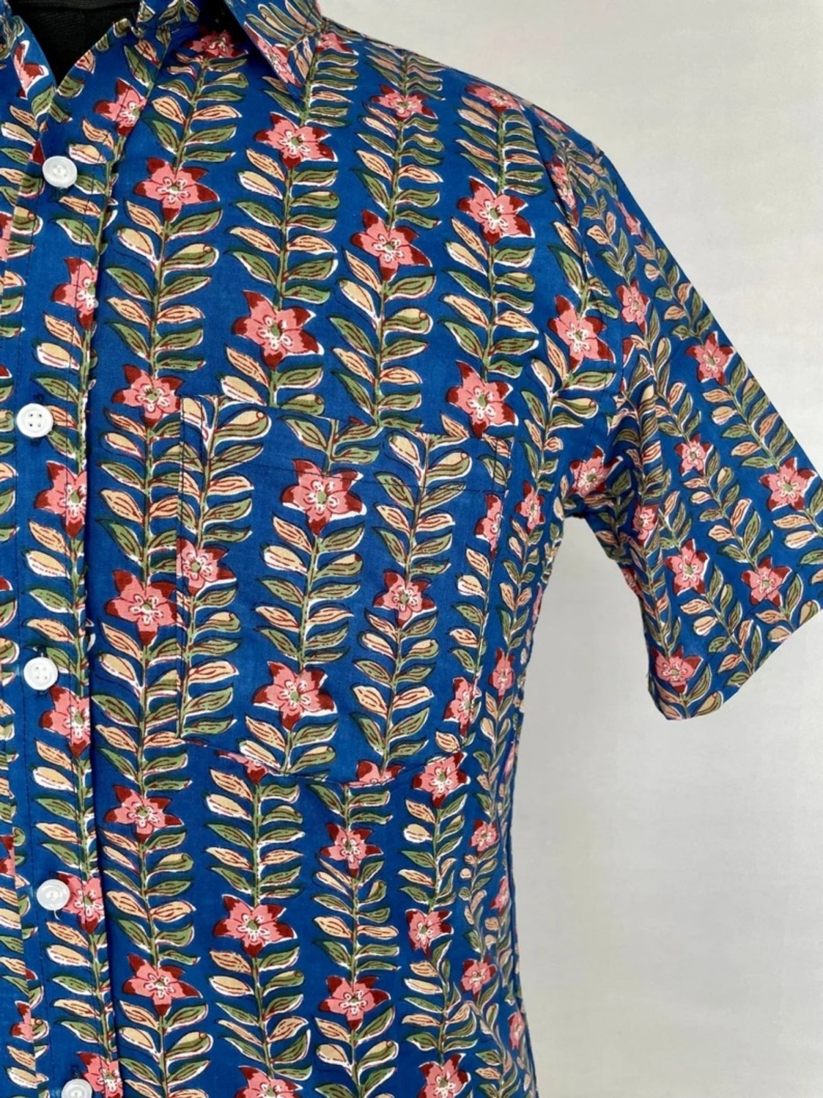 Men's Shirt Pure Cotton Handblock Print | Summer Cool Casual Beach Wear | Comfortable Garden Picnic Urban Man Dad Gift | Blue Floral Leaf