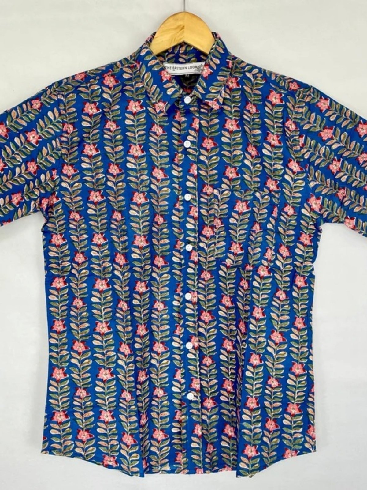 Men's Shirt Pure Cotton Handblock Print | Summer Cool Casual Beach Wear | Comfortable Garden Picnic Urban Man Dad Gift | Blue Floral Leaf