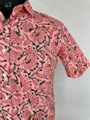 Men's Shirt Pure Cotton Handblock Print | Summer Cool Casual Beach Wear, Comfortable Garden Picnic Urban Man Dad Gift | Flamingo Pink Lotus