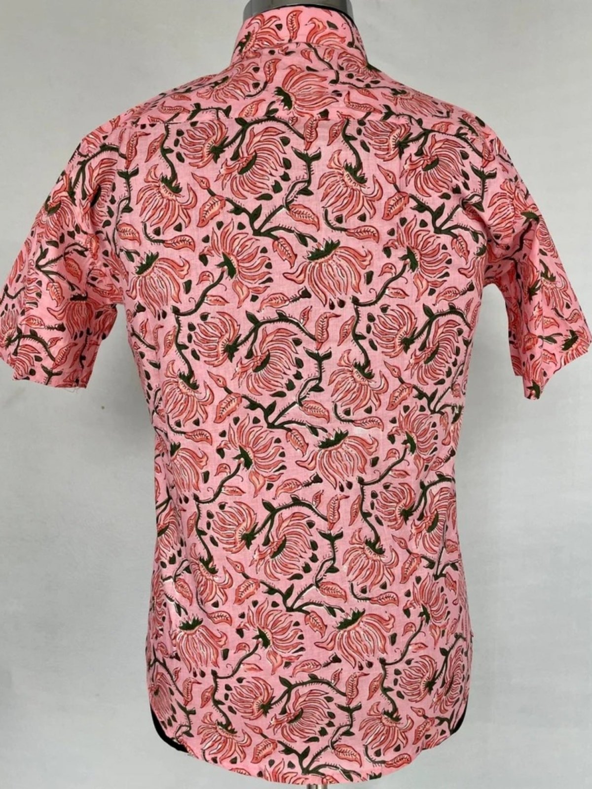 Men's Shirt Pure Cotton Handblock Print | Summer Cool Casual Beach Wear, Comfortable Garden Picnic Urban Man Dad Gift | Flamingo Pink Lotus