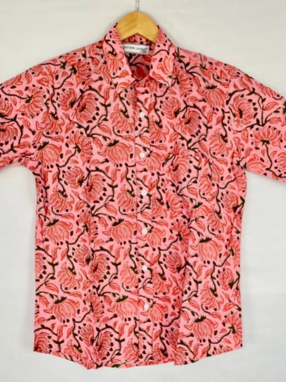Men's Shirt Pure Cotton Handblock Print | Summer Cool Casual Beach Wear, Comfortable Garden Picnic Urban Man Dad Gift | Flamingo Pink Lotus