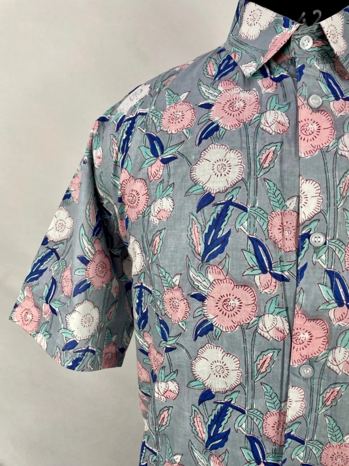 Men's Shirt Pure Cotton Handblock Print | Summer Cool Casual Beach Wear, Comfortable Garden Picnic Urban Man Dad Gift | Grey Pink Floral