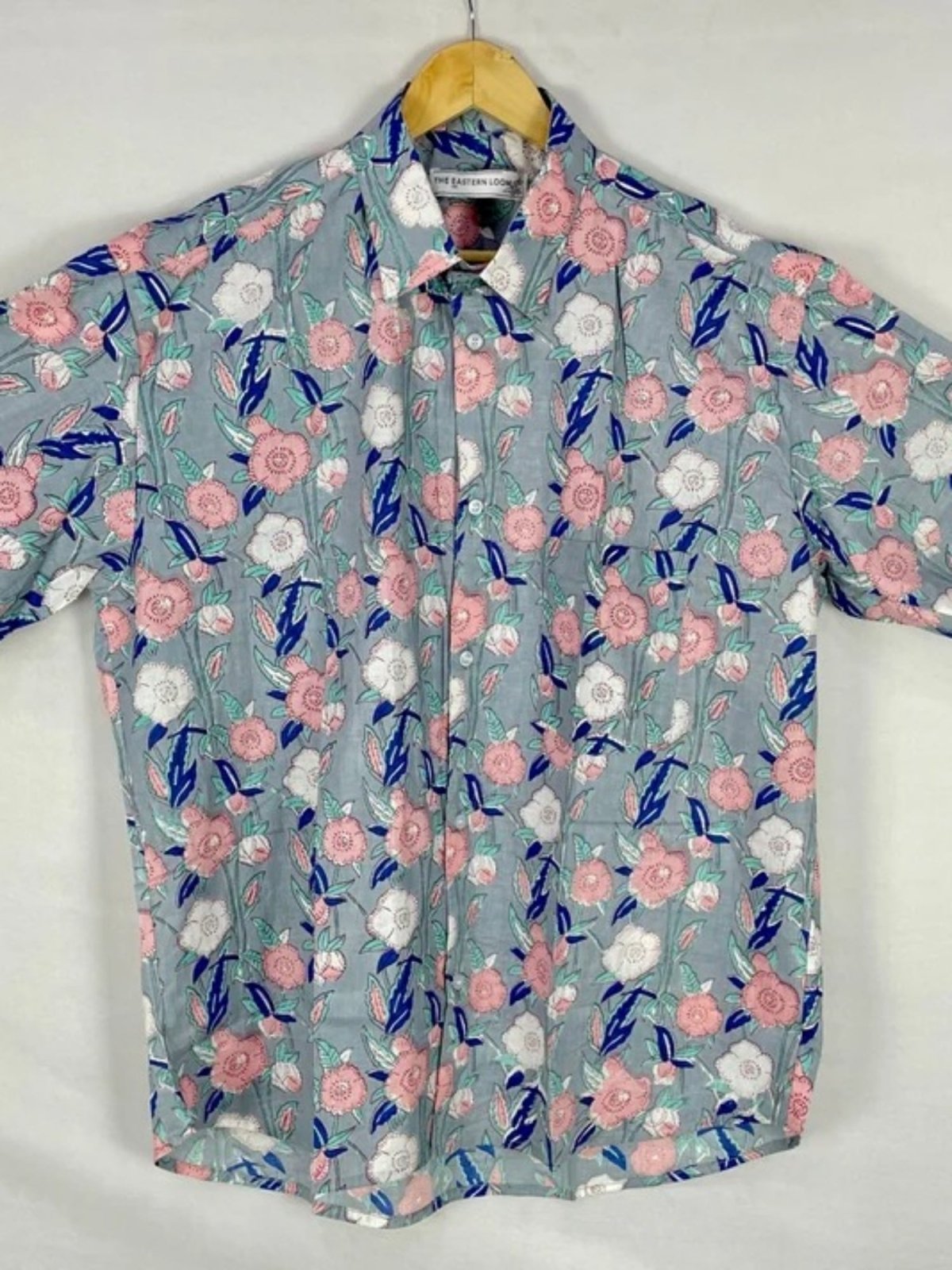 Men's Shirt Pure Cotton Handblock Print | Summer Cool Casual Beach Wear, Comfortable Garden Picnic Urban Man Dad Gift | Grey Pink Floral