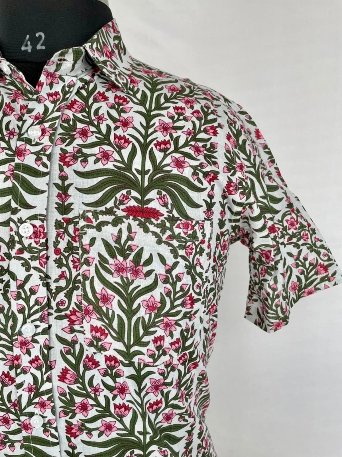 Men's Shirt Pure Cotton Handblock Print | Summer Cool Casual Beach Wear, Comfortable Garden Picnic Urban Man Dad Gift | Grey Pink Floral
