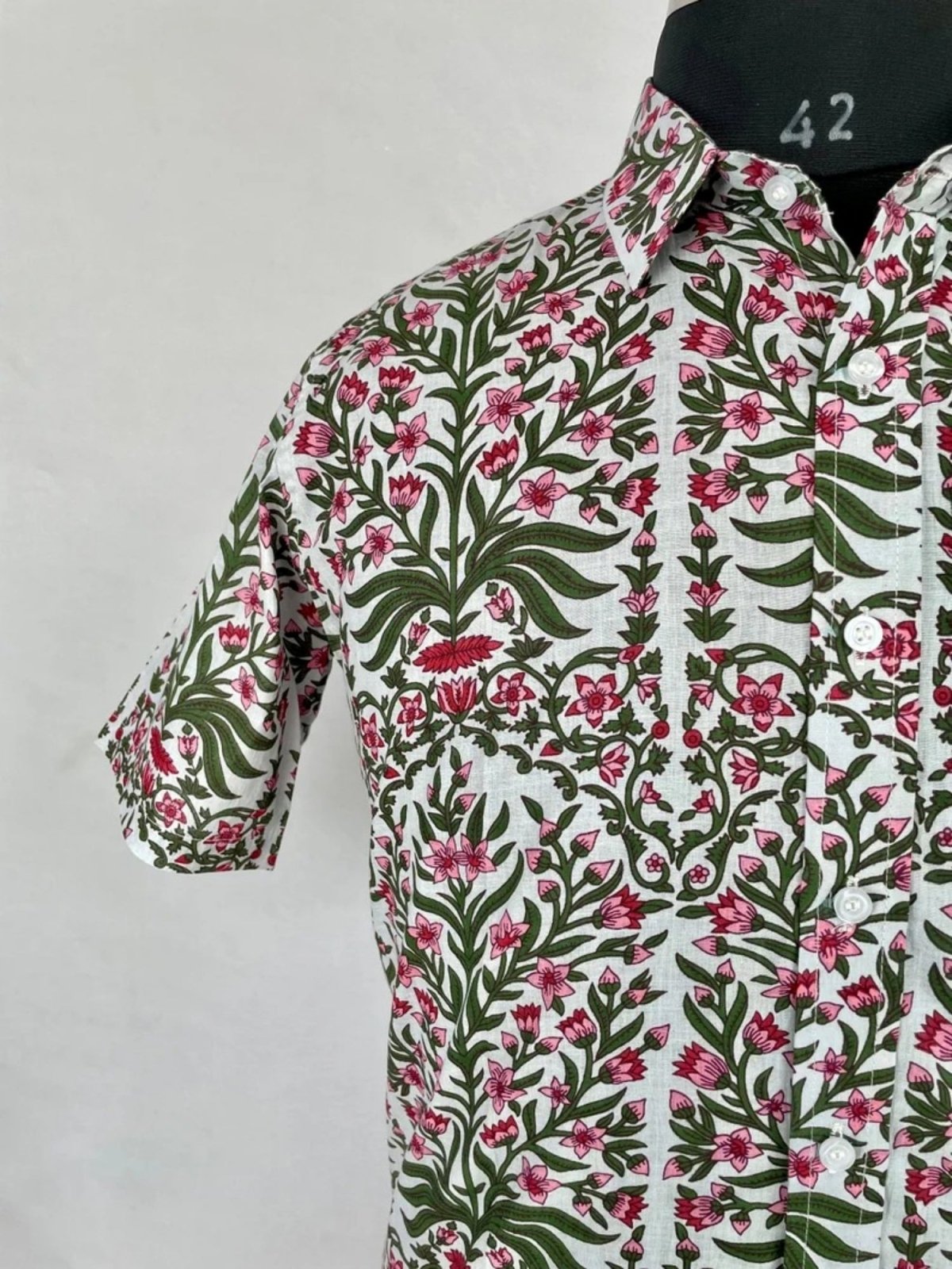 Men's Shirt Pure Cotton Handblock Print | Summer Cool Casual Beach Wear, Comfortable Garden Picnic Urban Man Dad Gift | Grey Pink Floral