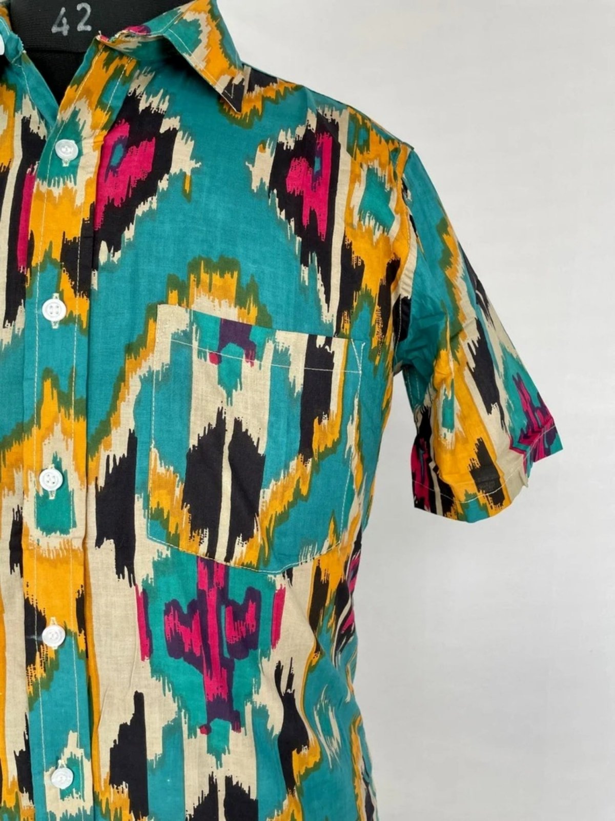 Men's Shirt Pure Cotton Handblock Print | Summer Cool Casual Beach Wear, Comfortable Garden Picnic Urban Man Dad Gift | Turquoise Ikat Print