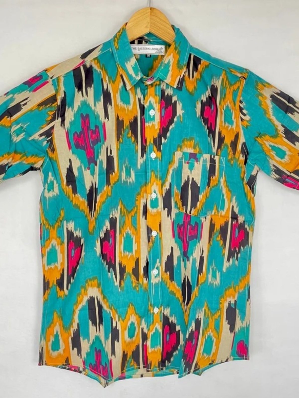 Men's Shirt Pure Cotton Handblock Print | Summer Cool Casual Beach Wear, Comfortable Garden Picnic Urban Man Dad Gift | Turquoise Ikat Print