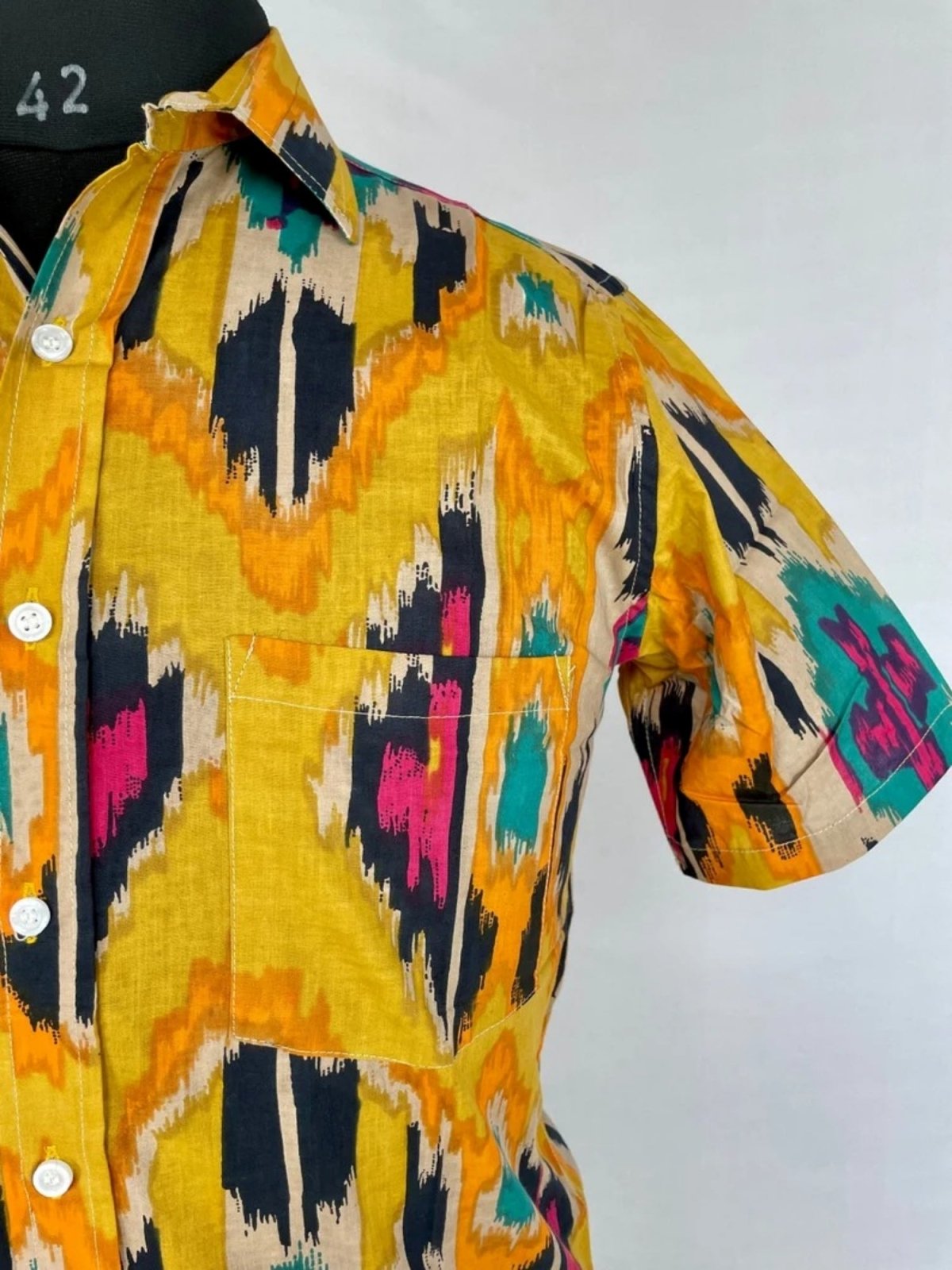 Men's Shirt Pure Cotton Handblock Print | Summer Cool Casual Beach Wear, Comfortable Garden Picnic Urban Man Dad Gift | Yellow Mustard Ikat